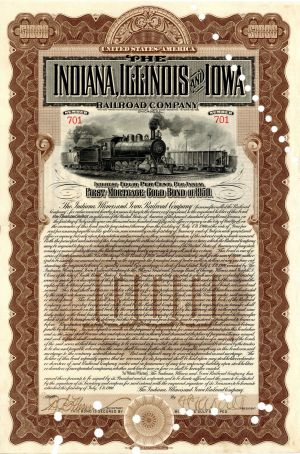 Indiana, Illinois, and Iowa Railroad Co. - $1,000 Bond