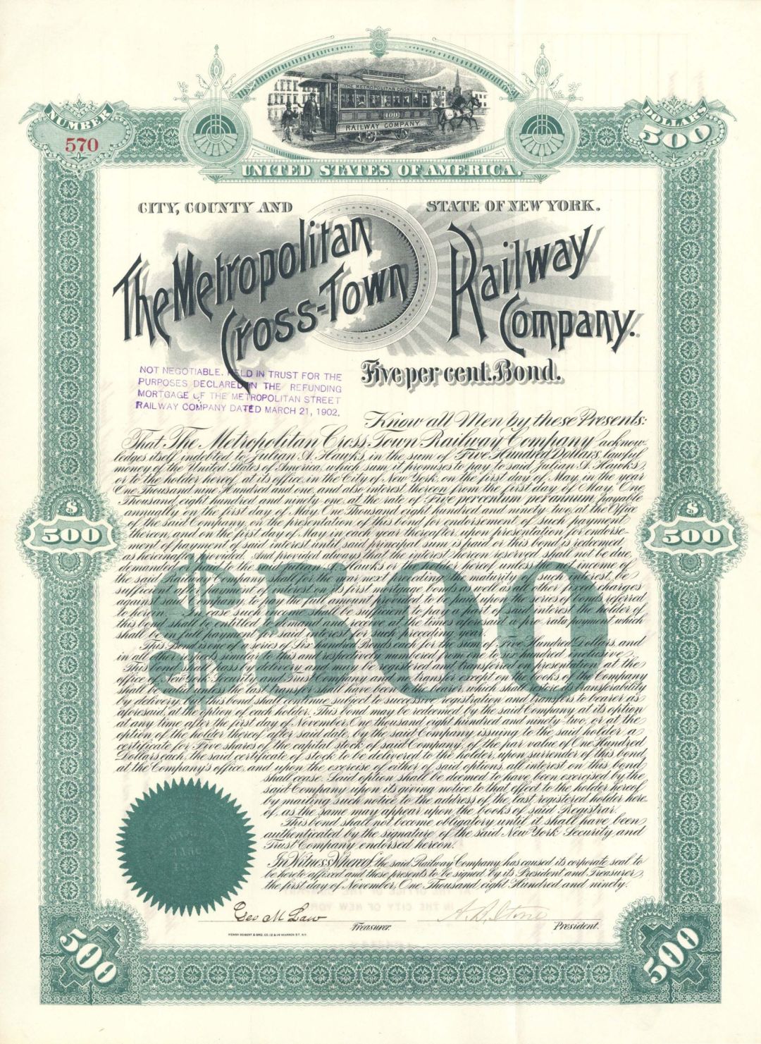 Metropolitan Cross-Town Railway Co. - 1890 dated $500 Bond (Uncanceled)