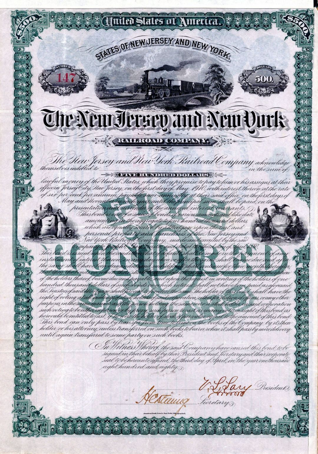 New Jersey and New York Railroad Co. - $500 Bond (Uncanceled)