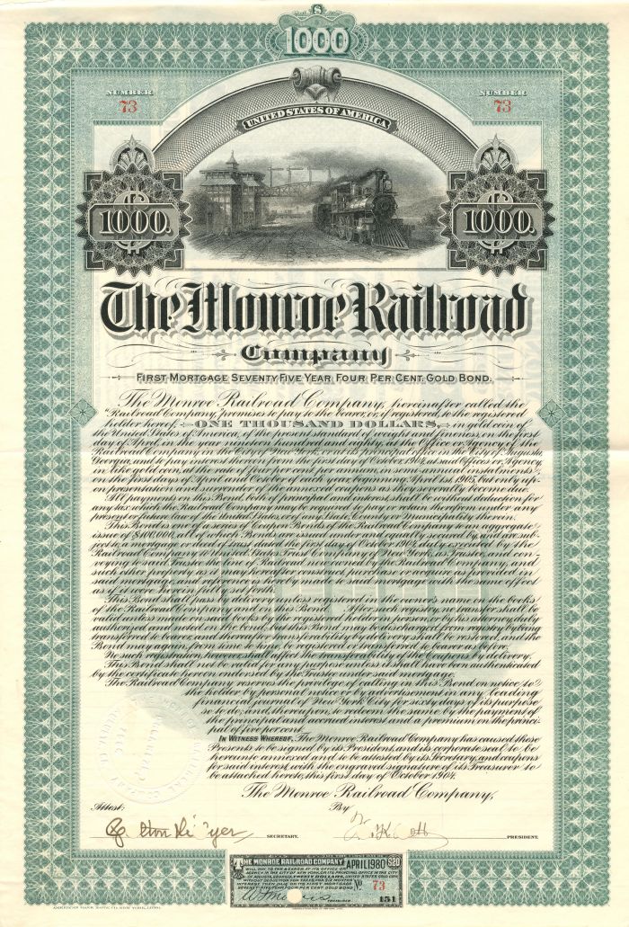 Monroe Railroad Co. - $1,000 Bond