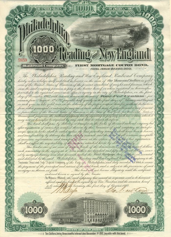 Philadelphia, Reading and New England Railroad Co. - 1892 dated $1,000 Railway Gold Bond (Uncanceled)