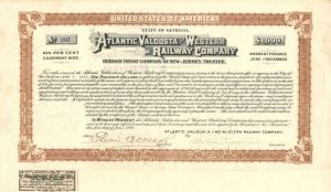 Atlantic, Valdosta and Western Railway Co. - $1,000 - Bond