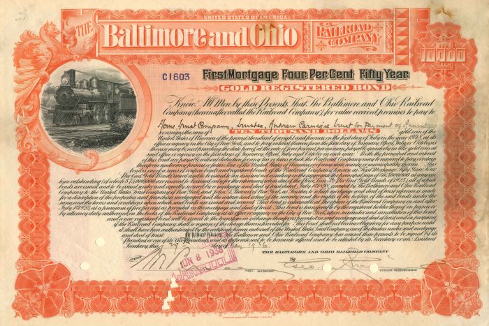 Andrew Carnegie Trust - Baltimore and Ohio Railroad Co. - $10,000 Bond