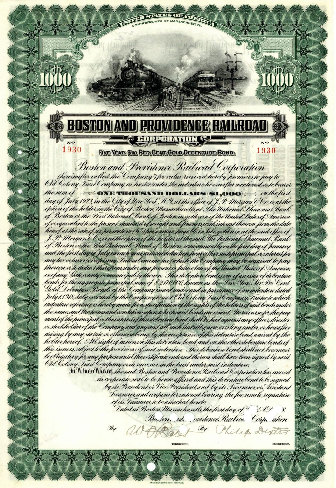 Boston and Providence Railroad Corporation - $1,000 Bond