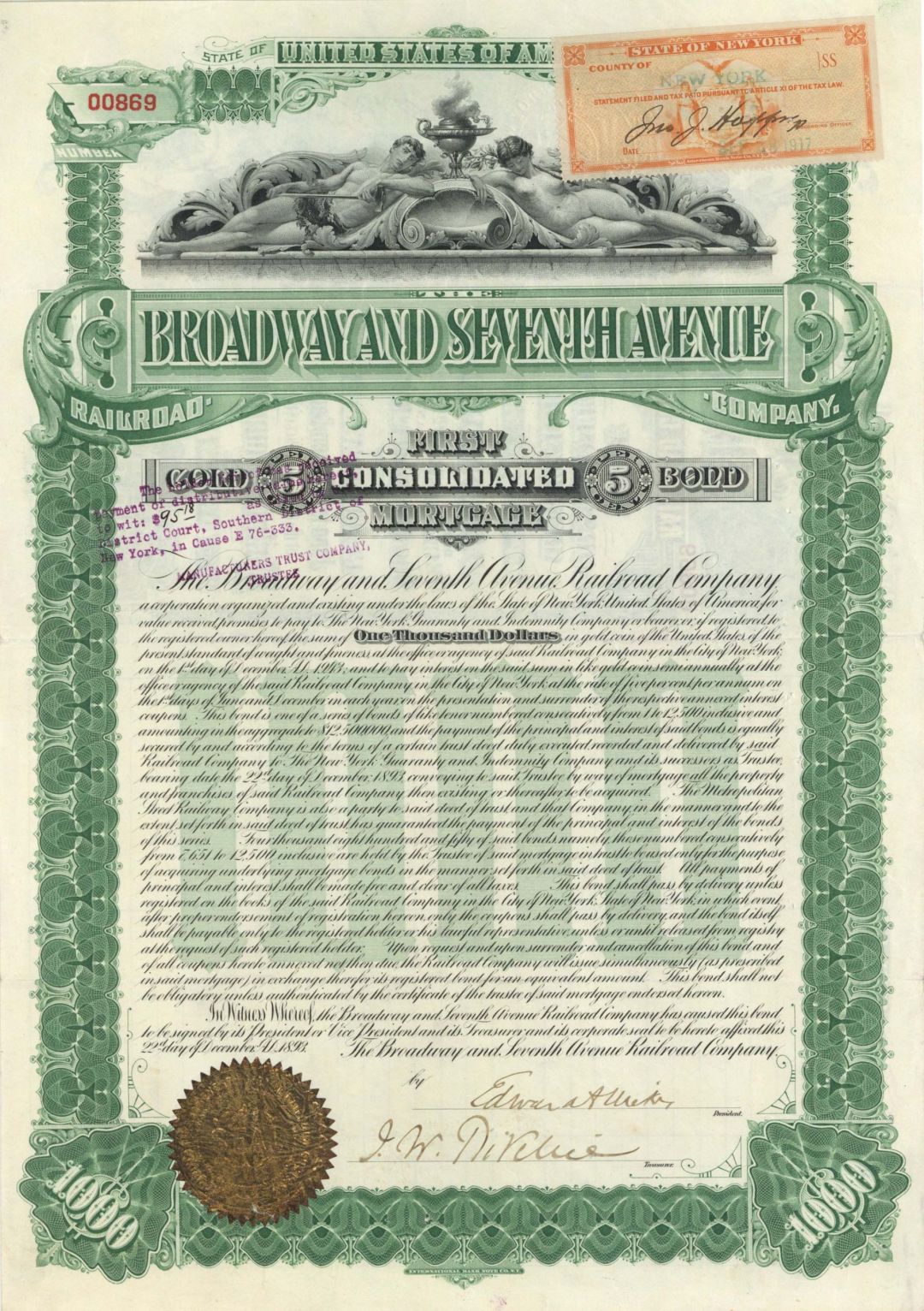 Broadway and Seventh Avenue Railroad Co. - $1,000 1893 dated Bond