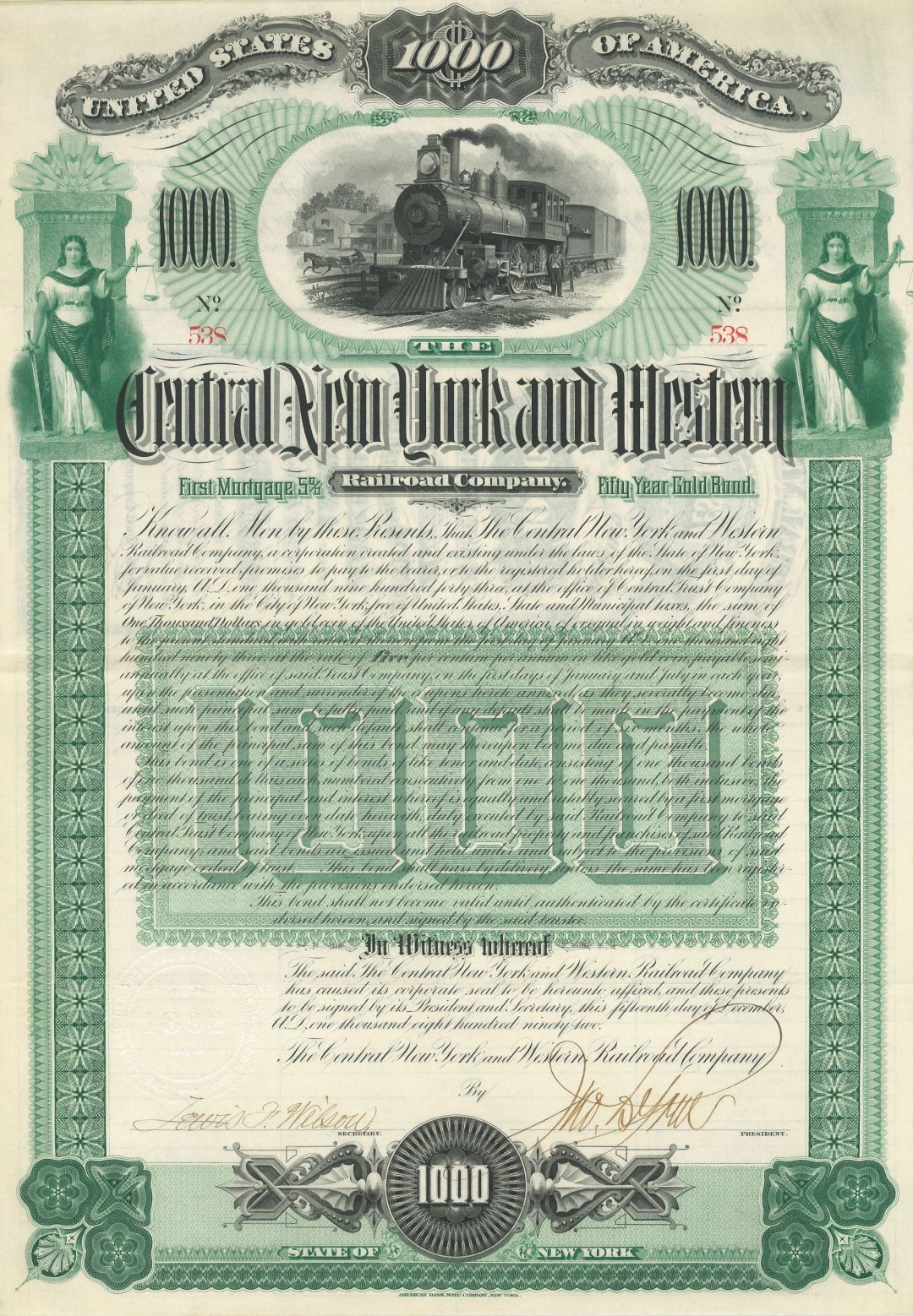 Central New York and Western Railroad Co. - 1892 dated $1,000 Railway Gold Bond - Absolutely Beautiful Design