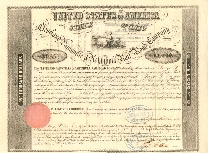 Cleveland, Painsville & Ashtabula Rail Road Company - $1,000 - Bond