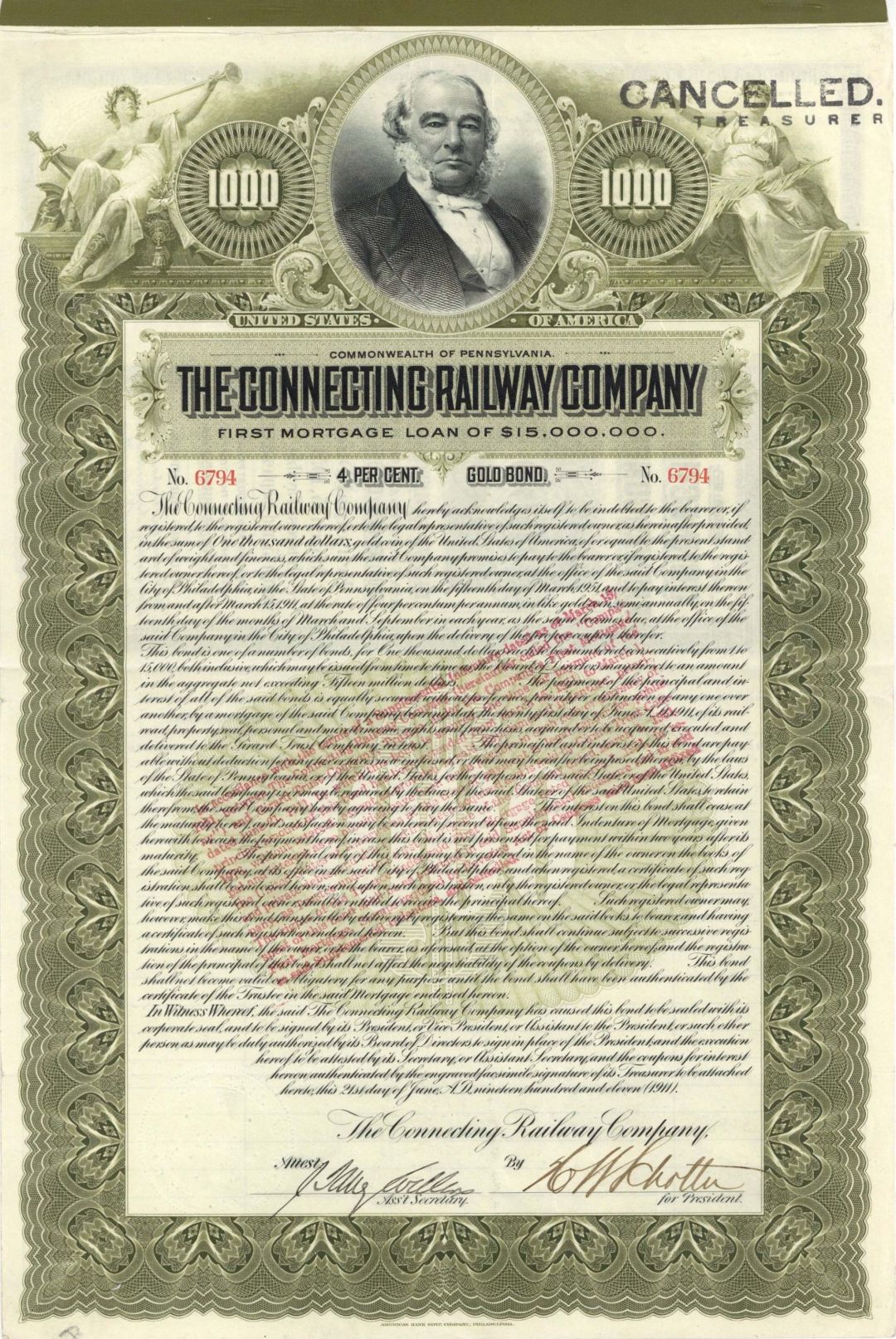Connecting Railway Co. - 1911 dated $1,000 Pennsylvania Railroad Gold Bond