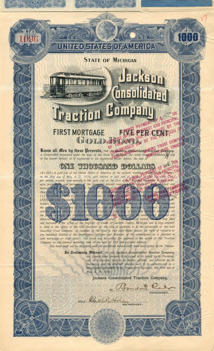 Jackson Consolidated Traction Co. - $1,000 - Bond