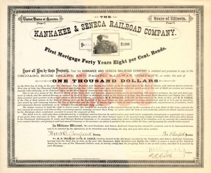 Kankakee and Seneca Railroad Co. - $1,000 - Bond (Uncanceled)