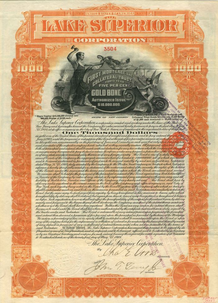 Lake Superior Corporation - 1904 dated $1,000 General Gold Bond