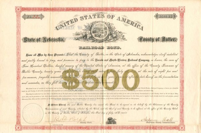 Lincoln and North=Western Railroad Co. - $500 - Bond