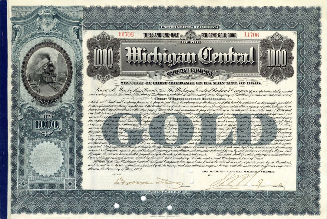 Michigan Central Railroad Co. - $1,000 Bond - Gorgeous Design