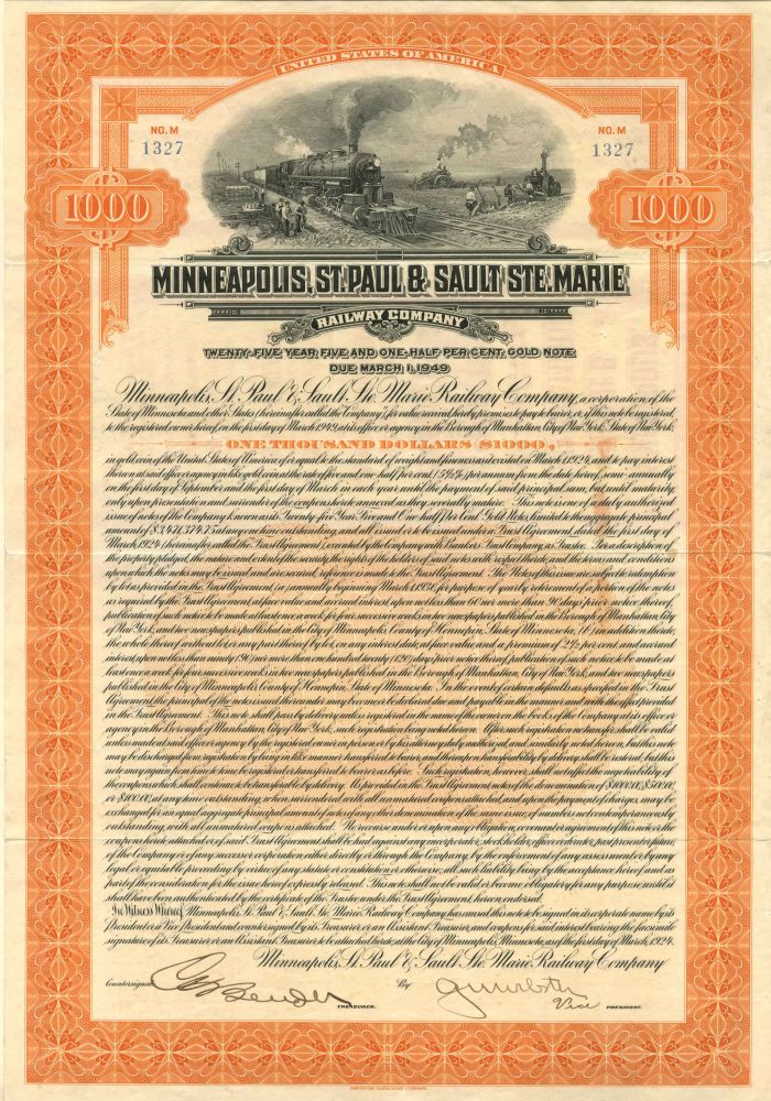 Minneapolis, St. Paul and Sault Ste. Marie Railway Co. - $1,000 - Bond
