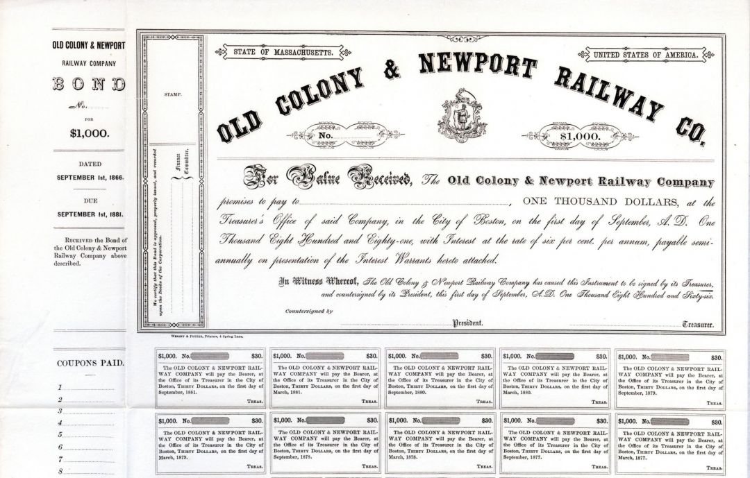 Old Colony and Newport Railway Co. - $1,000 and $500 - Bond