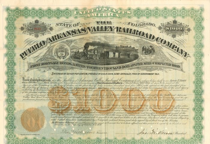 Pueblo and Arkansas Valley Railroad Co. - $1,000 - Bond
