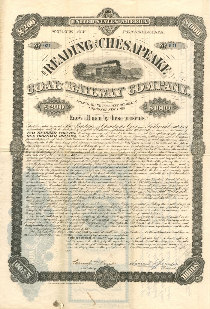 Reading and Chesapeake Coal and Railway Co. - $1,000 - Bond