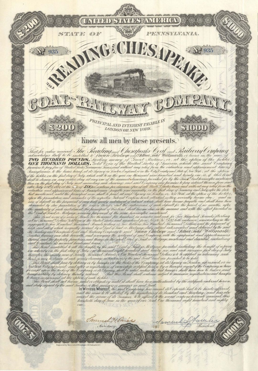 Reading and Chesapeake Coal and Railway Co. - $1,000 Bond