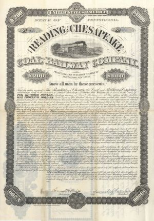Reading and Chesapeake Coal and Railway Co. - $1,000 Bond