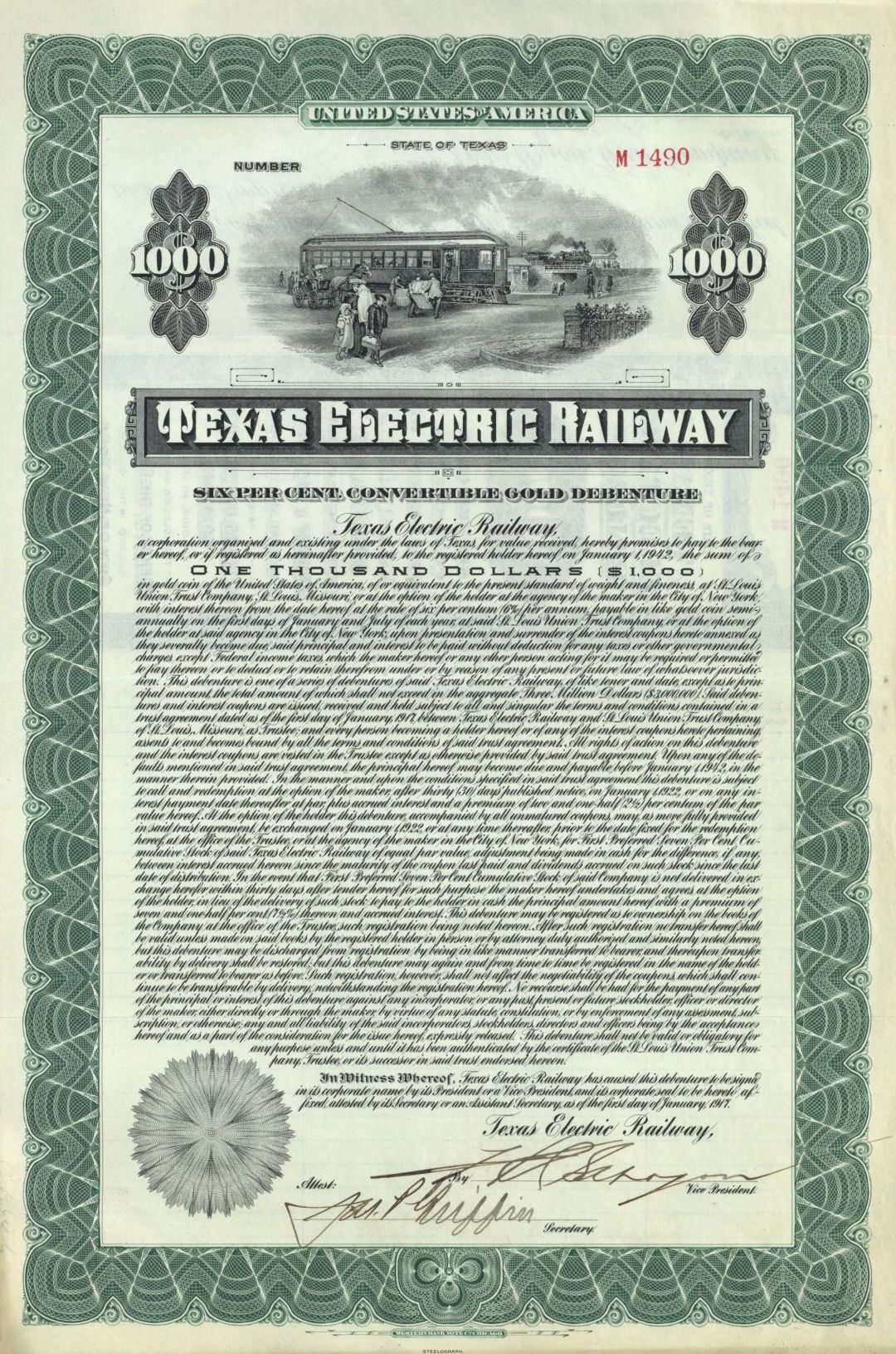 Texas Electric Railway - 1917 dated $1,000 Uncanceled Railroad Gold Bond
