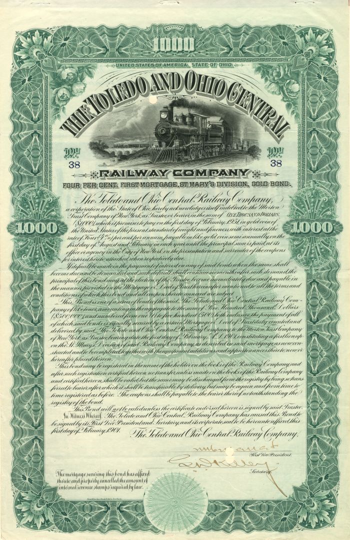 Toledo and Ohio Central Railway Co. - 1901 dated $1,000 Railroad Bond