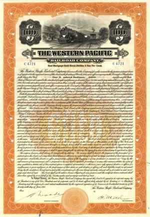 Western Pacific Railroad Co. - $100 Railway Gold Bond - Very Rare Type