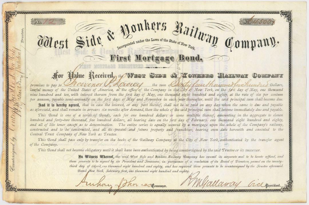 West Side and Yonkers Railway Co. - 1880's dated New York Railroad Bond - Various Denominations