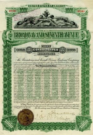 Broadway and Seventh Avenue Railroad Company - $1,000 - Bond