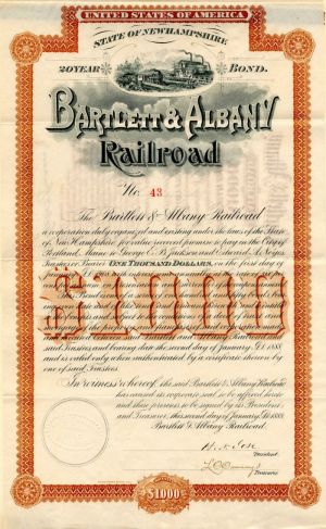 Bartlett and Albany Railroad - $1,000 - Bond
