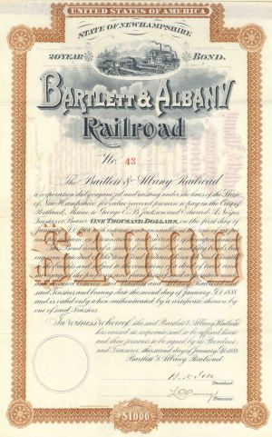 Bartlett and Albany Railroad - $1,000 Railway 6% 20 Year Bond - New Hampshire - Rare State