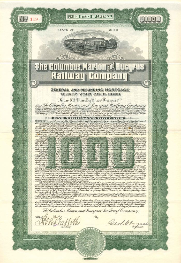 Columbus, Marion and Bucyrus Railway Co. - 1914 dated $1,000 Railroad Gold Bond