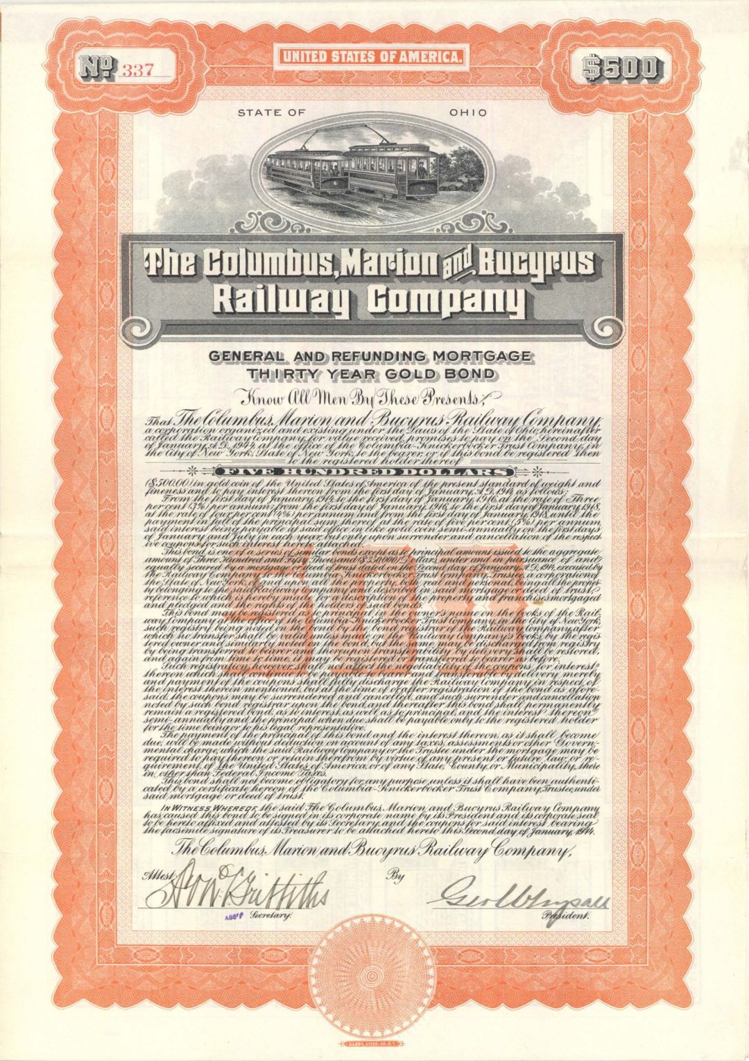 Columbus, Marion and Bucyrus Railway Co. - 1914 dated $500 or $1,000 Railroad Gold Bond