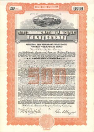 Columbus, Marion and Bucyrus Railway Co. - 1914 dated $500 or $1,000 Railroad Gold Bond