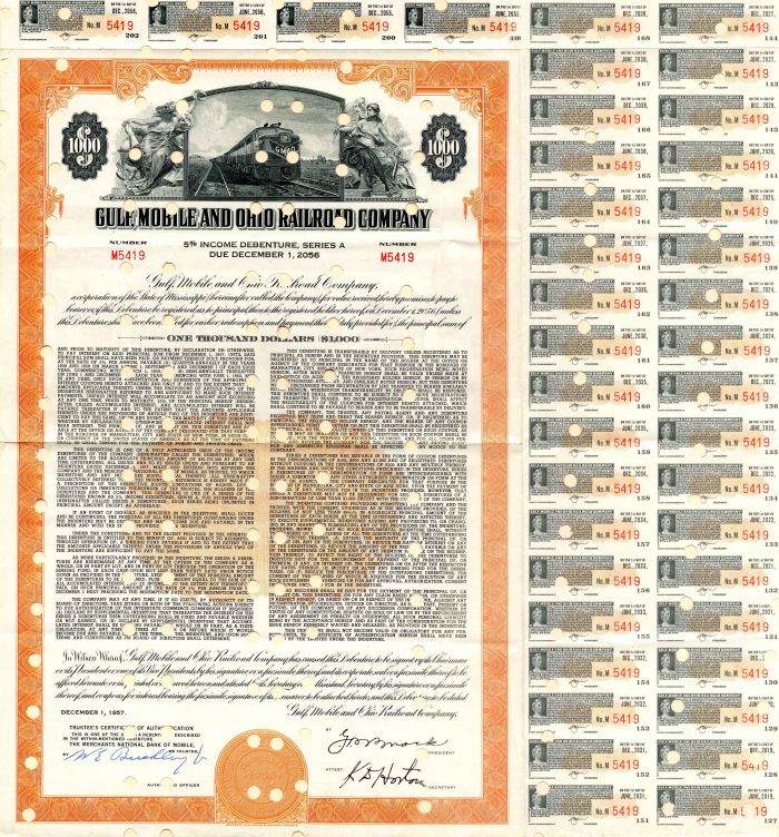 Gulf, Mobile and Ohio Railroad Co. - 1957 dated $1,000 Railway Bond - Great History
