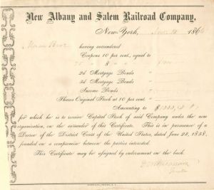 New Albany and Salem Railroad Co. - Various Denominations Bond