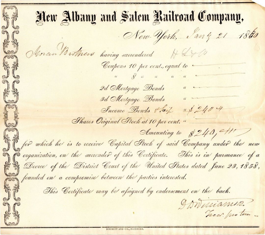 New Albany and Salem Railroad Co. - Various Denominations Bond