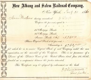 New Albany and Salem Railroad Co. - Various Denominations Bond