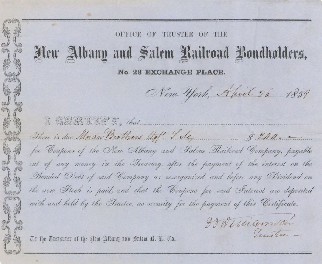 New Albany and Salem Railroad Bondholders - Various Denominations Bond