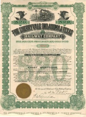 Cherryvale Oklahoma and Texas Railway Co. - $20 - Bond