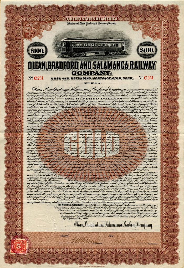 Olean, Bradford and Salamanca Railway Co. - 1921 dated $100 Railroad Gold Bond