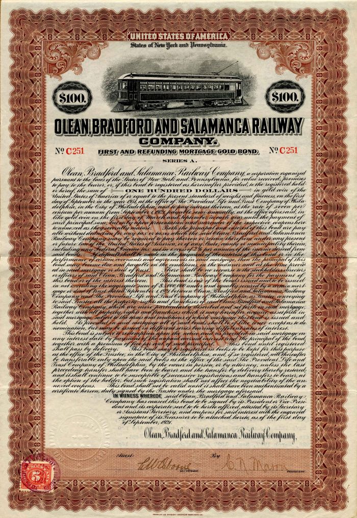 Olean, Bradford and Salamanca Railway Co. - $100 - Bond