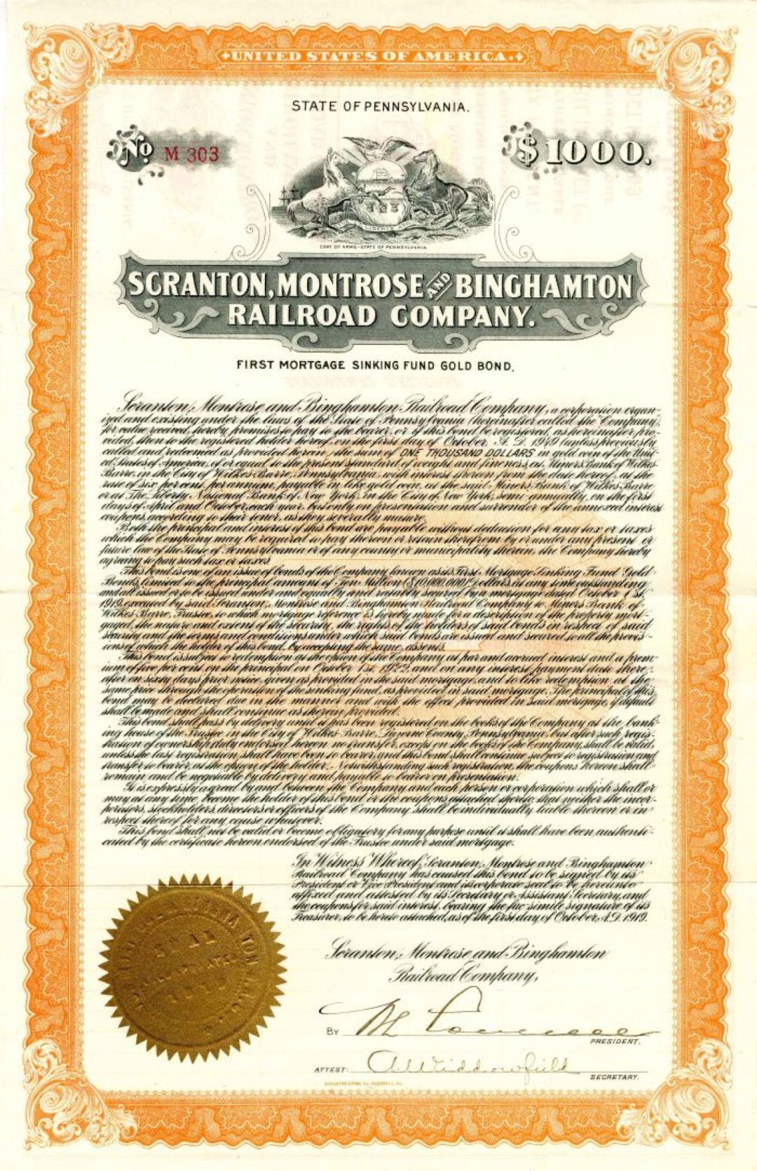 Scranton, Montrose and Binghamton Railroad Co. - Orange $1,000 or Brown $100 - 1919 dated Pennsylvania Railway Bond