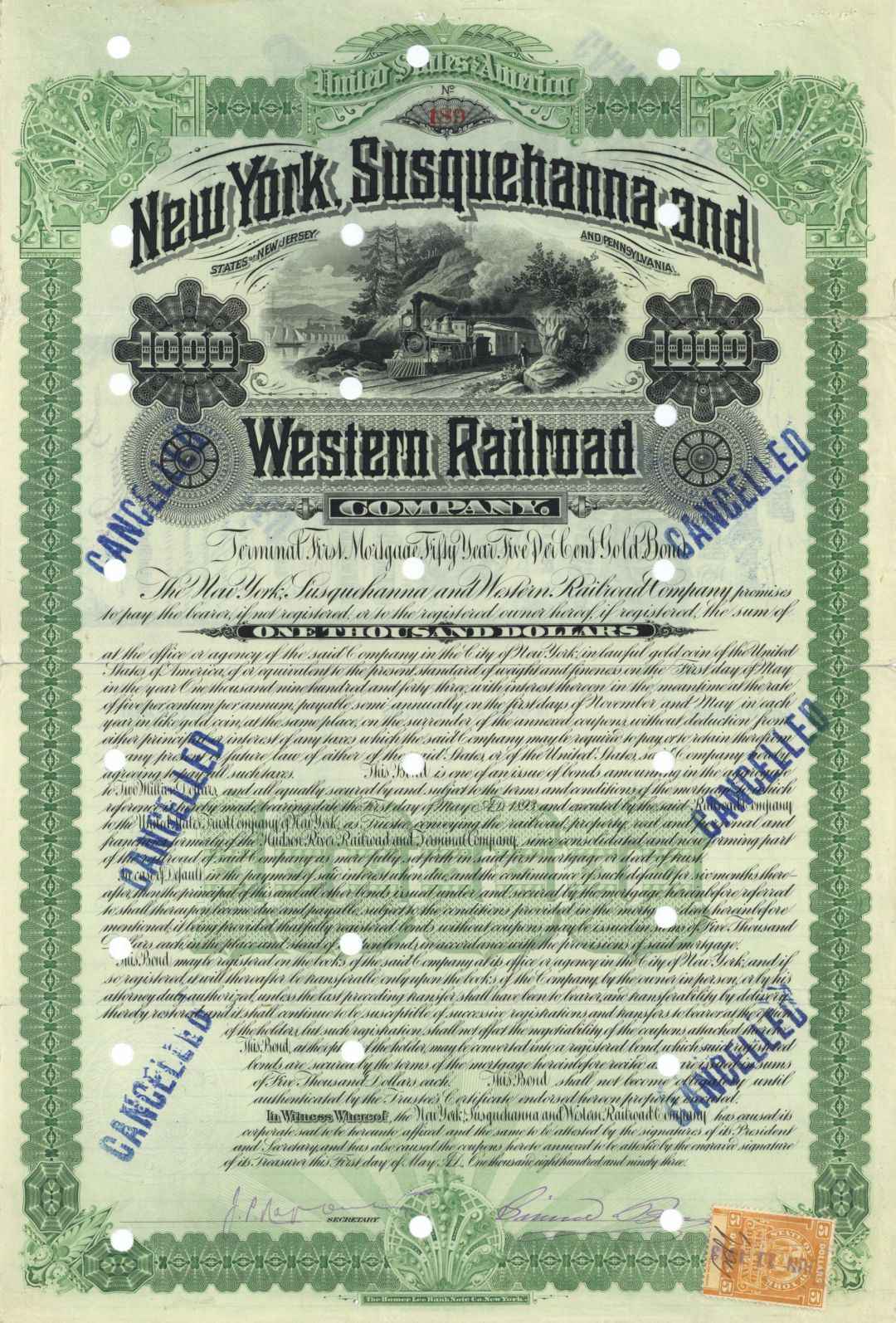 New York, Susquehanna and Western Railroad Co. - 1893 dated $1,000 Railway Gold Bond