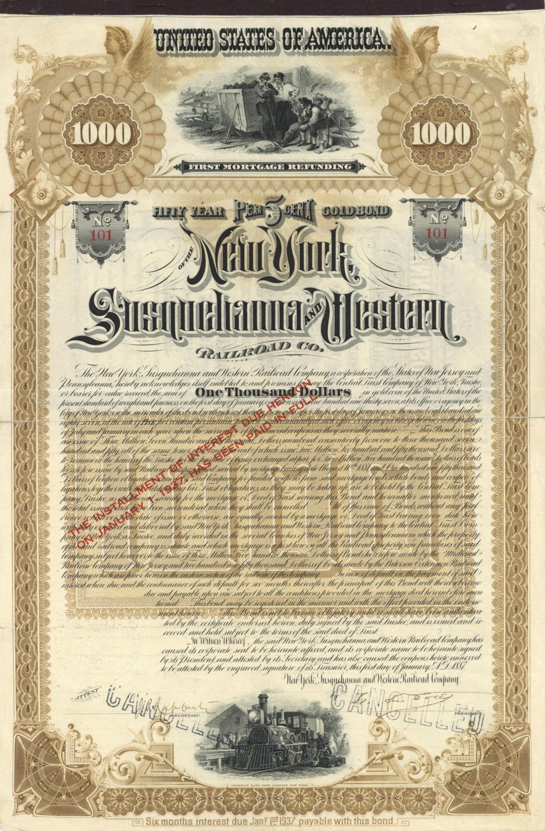 New York, Susquehanna and Western Railroad Co. - 1887 dated $1,000 Railway Gold Bond