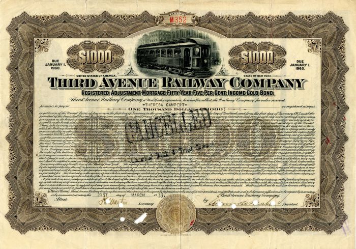 Third Avenue Railway Company - New York City -$1,000 Bond