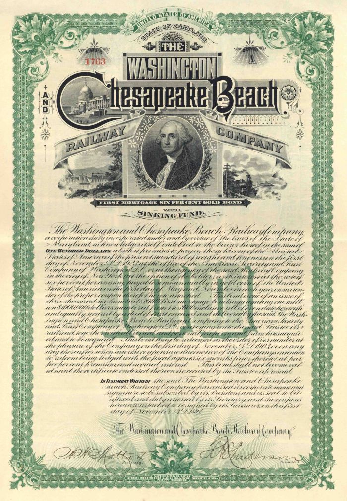 Washington and Chesapeake Beach Railway - $100 Bond