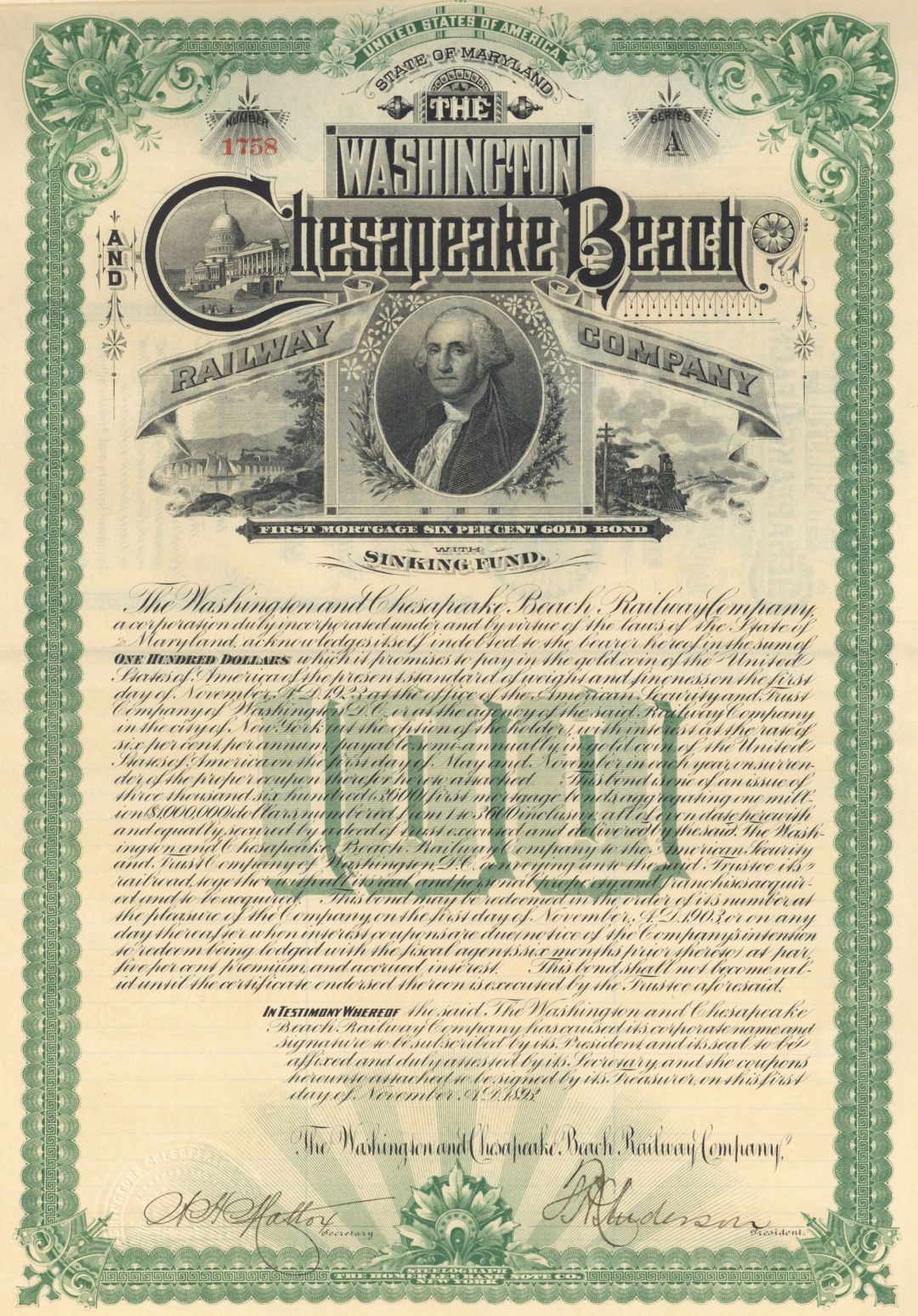 Washington and Chesapeake Beach Railway - 1893 dated $100 Maryland Railroad Gold Bond (Uncanceled) - George Washington Vignette