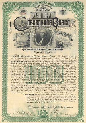 Washington and Chesapeake Beach Railway - 1893 dated $100 Maryland Railroad Gold Bond (Uncanceled) - George Washington Vignette