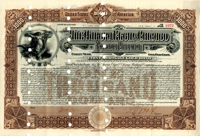 Aurora, Elgin and Chicago Railroad Co. - $1,000 Railway Gold Bond dated 1901