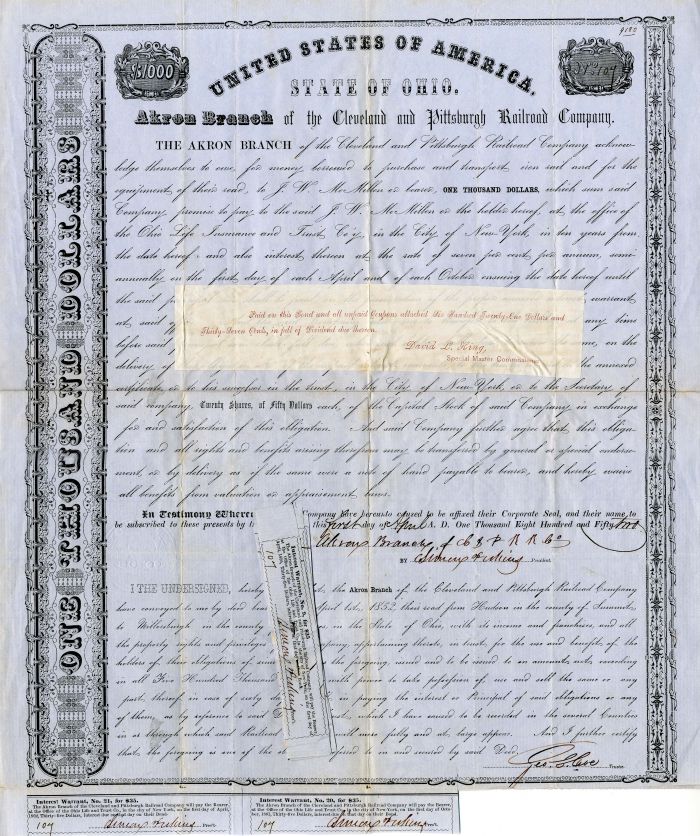 Akron Branch of the Cleveland and Pittsburgh Railroad Co. - $1,000 Bond